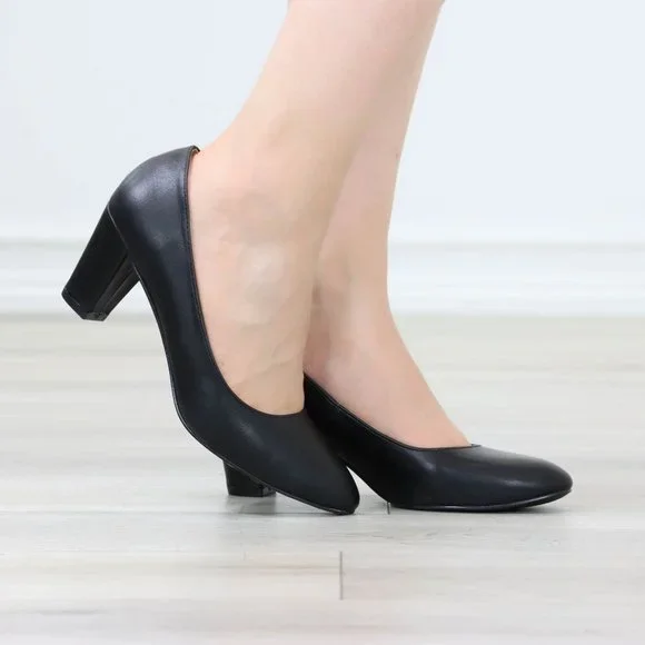 Classic Block Low Heel Pumps Slip On Round Toe Women's Black Shoes - Picture 3 of 12